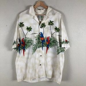 KYs Shirt White Tropical Print Button Up Collared Casual Vacation Mens X Large